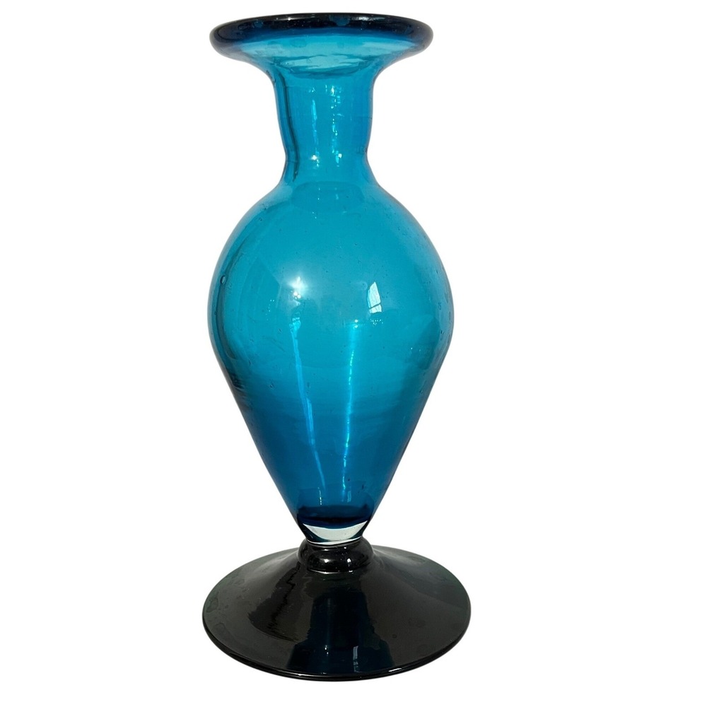 Mesa Internacional GV Teal Blue Art Glass Vase Swung Trumpet Top Made in Mexico